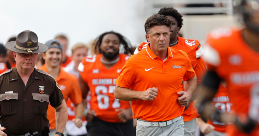 Sep 16, 2023; Stillwater, Oklahoma, USA; Oklahoma State coach Mike Gundy takes the field before an NCAA football game between Oklahoma State and South Alabama at Boone Pickens Stadium.