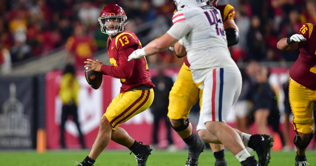 USC Trojans quarterback Caleb Williams drops back to pass against the Arizona Wildcats during the second overtime at Los Angeles Memorial Coliseum