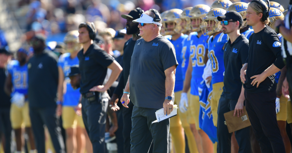 Oct 7, 2023; Pasadena, California, USA; UCLA Bruins head coach Chip Kelly watches game action against the Washington State Cougars during the second half at Rose Bowl.