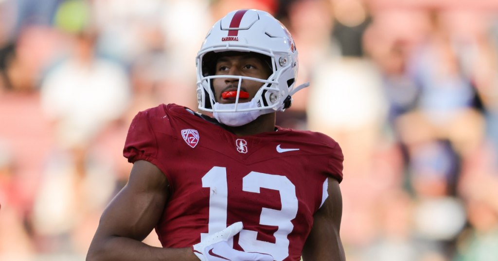 Sep 16, 2023; Stanford, California, USA; Stanford Cardinal wide receiver Elic Ayomanor (13) catches a touchdown pass during the second quarter against the Sacramento State Hornets at Stanford Stadium.