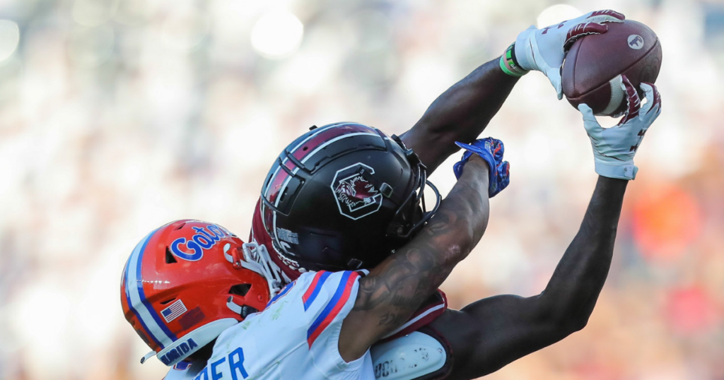 South Carolina receiver Xavier Legette makes a contested catch against Florida