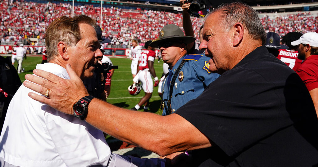 Alabama head coach Nick Saban and Arkansas coach Sam Pittman