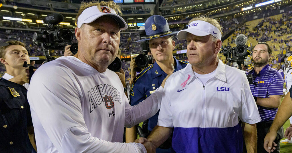 Auburn head coach Hugh Freeze and LSU coach Brian Kelly