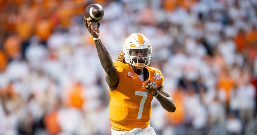 Tennessee quarterback Joe Milton III (7) throws the ball during a football game between Tennessee and Texas A&M at Neyland Stadium in Knoxville, Tenn., on Saturday, Oct. 14, 2023.