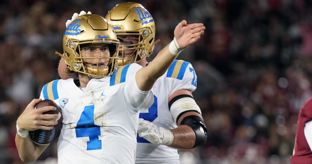 UCLA Bruins quarterback Ethan Garbers gestures after rushing for a first down