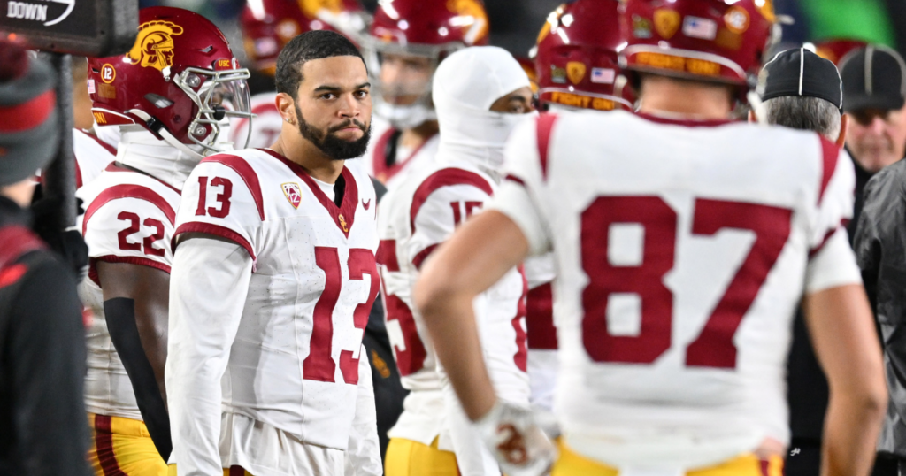 Oct 14, 2023; South Bend, Indiana, USA; USC Trojans quarterback Caleb Williams (13) reacts in the closing minutes of the game against the Notre Dame Fighting Irish at Notre Dame Stadium. Notre Dame won 48-20.