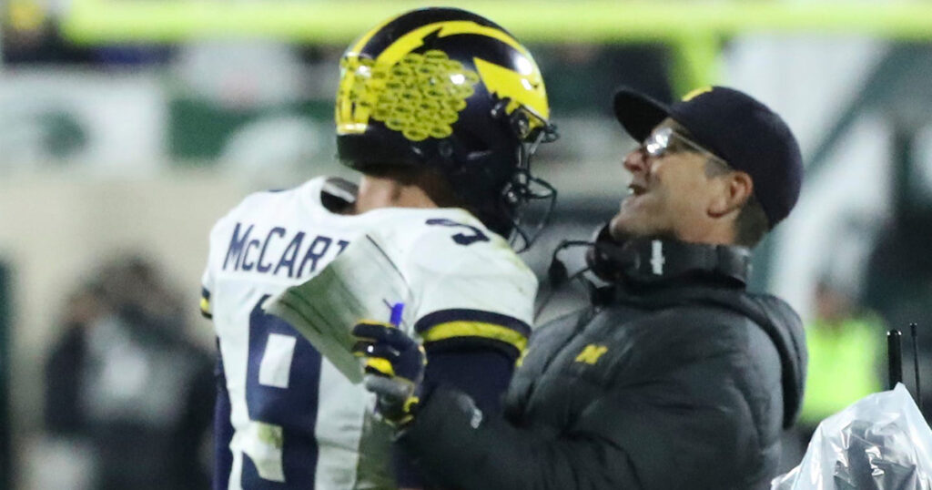 Michigan QB J.J. McCarthy and head coach Jim Harbaugh