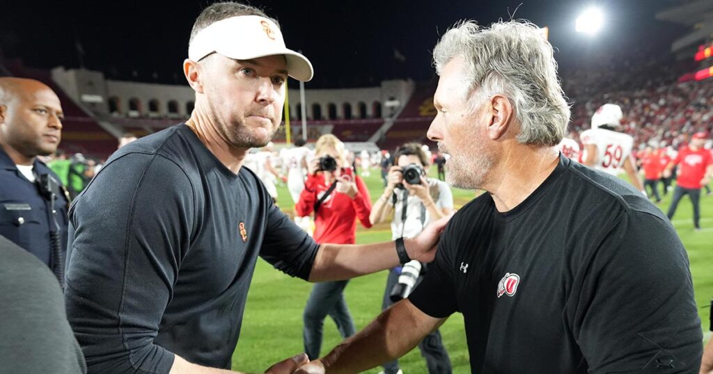 USC head coach Lincoln Riley and Utah head coach Kyle Whittingham