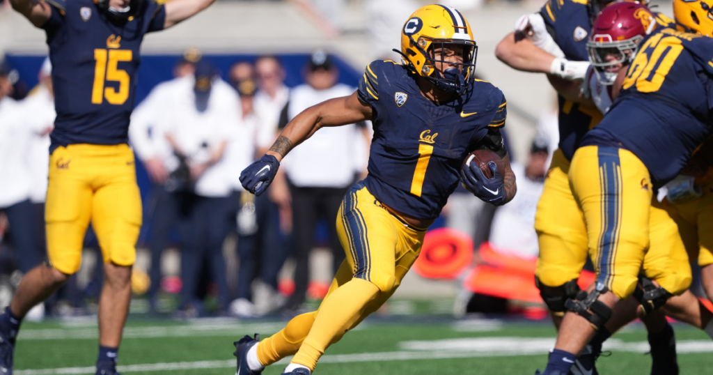 Jaydn Ott California Golden Bears running back Jaydn Ott (1) rushes for a touchdown as quarterback Fernando Mendoza (15) reacts against the USC Trojans during the second quarter at California Memorial Stadium