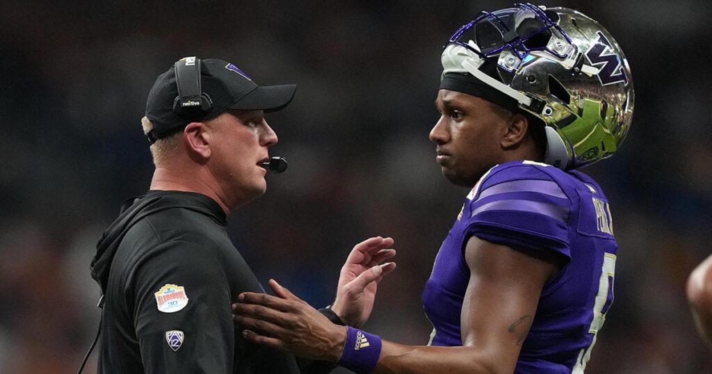 Washington head coach Kalen DeBoer and quarterback Michael Penix Jr.