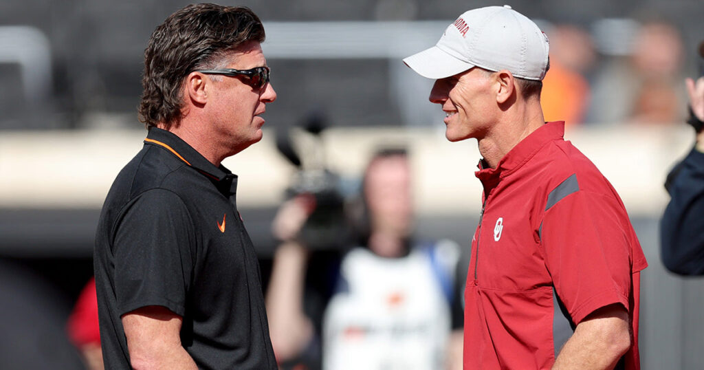 Oklahoma State head coach Mike Gundy and Oklahoma's Brent Venables at Bedlam 2023