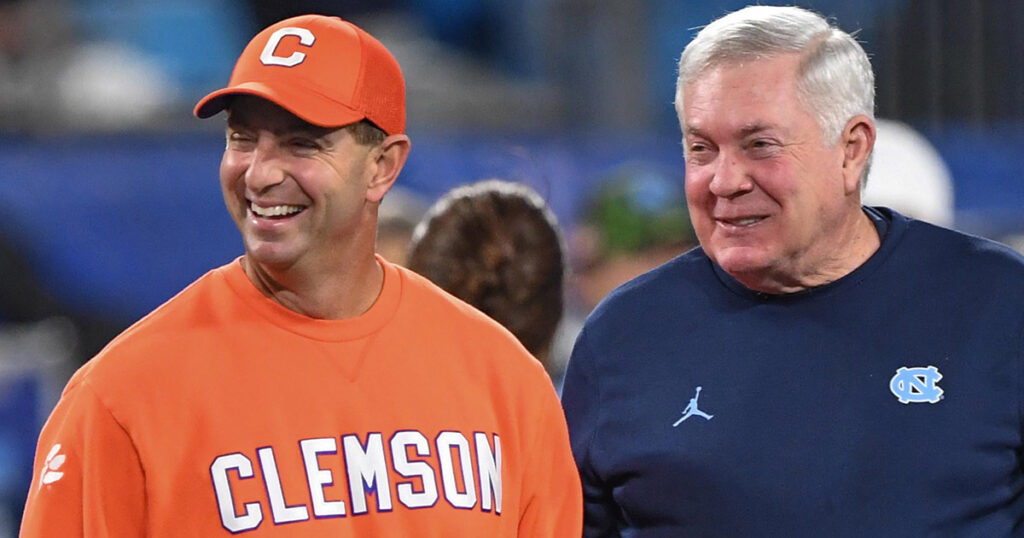 Clemson head coach Dabo Swinney and North Carolina HC Mack Brown