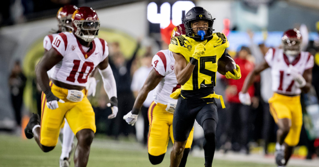 Oregon wide receiver Tez Johnson completes a long touchdown pass as the No. 6 Oregon Ducks host the USC Trojans Saturday, Nov. 11, 2023, at Autzen Stadium in Eugene, Ore