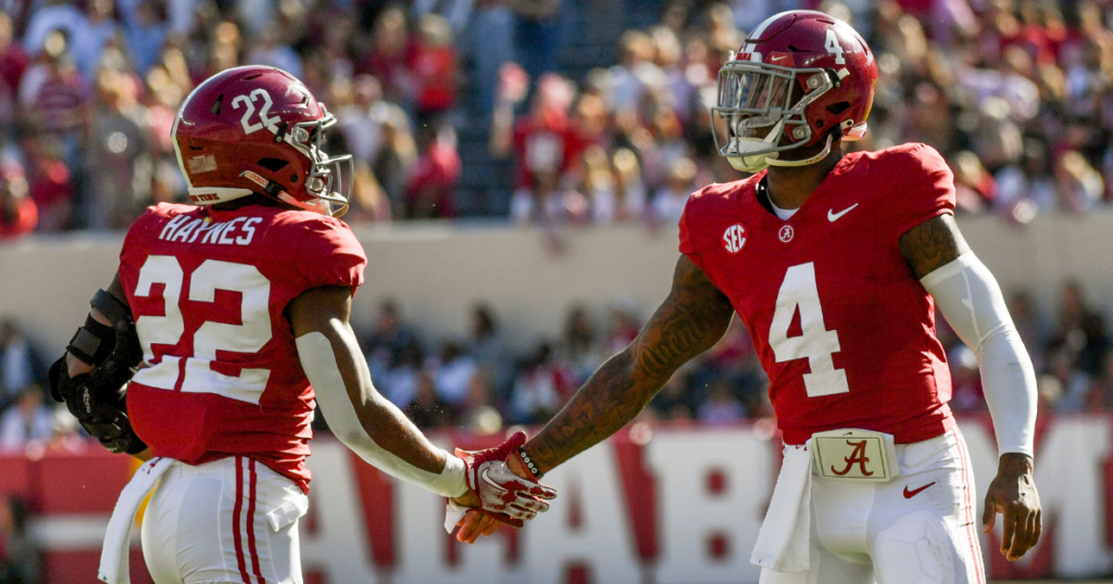 Alabama RB Justice Haynes and QB Jalen Milroe