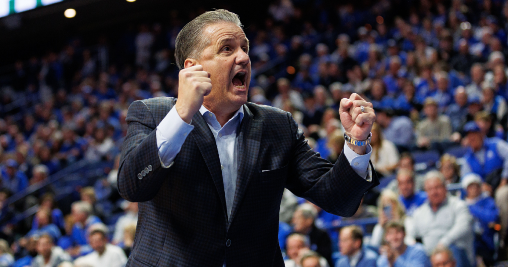 Kentucky Wildcats head coach John Calipari talks to the student section during the second half against the Miami (Fl) Hurricanes at Rupp Arena at Central Bank Center