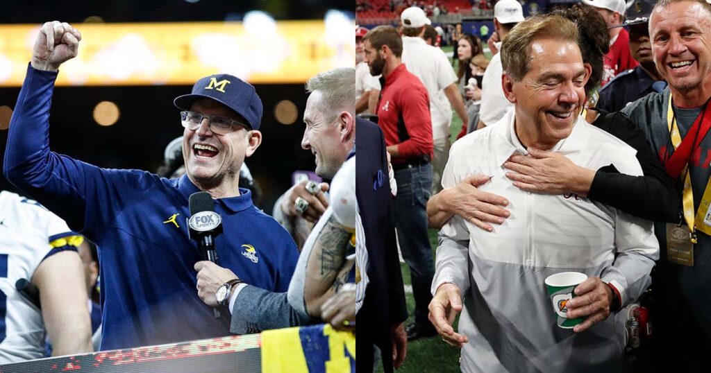 Michigan head coach Jim Harbaugh and Alabama head coach Nick Saban