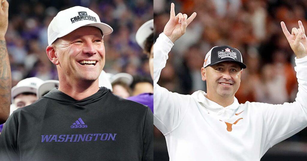 Washington head coach Kalen DeBoer and Texas head coach Steve Sarkisian