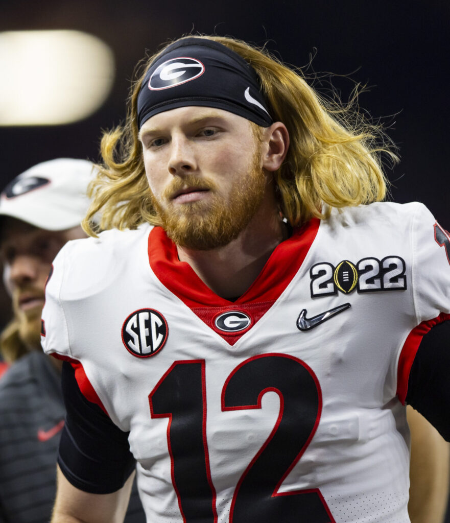 Georgia Bulldogs quarterback Brock Vandagriff (12) against the Alabama Crimson Tide in the 2022 CFP college football national championship game at Lucas Oil Stadium