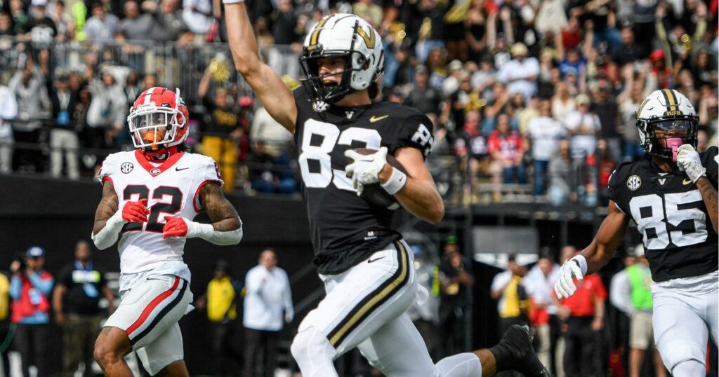 Oct 14, 2023; Nashville, Tennessee, USA; Vanderbilt Commodores wide receiver London Humphreys (83) gestures as he scores a touchdown against the Georgia Bulldogs during the first half at FirstBank Stadium.