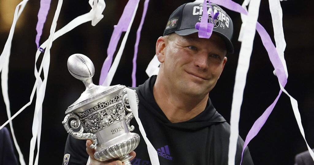 Washington HC Kalen DeBoer celebrates after the Sugar Bowl