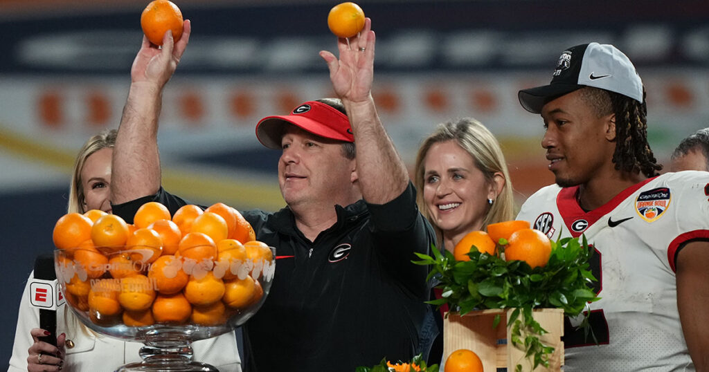 Georgia HC Kirby Smart celebrates after the Orange Bowl