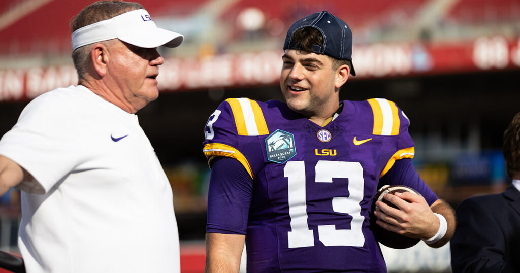 LSU HC Brian Kelly and QB Garrett Nussmeier after the ReliaQuest Bowl