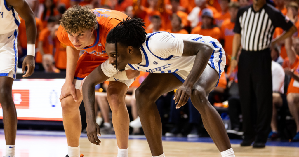 Florida Gators center Micah Handlogten (3) and Kentucky Wildcats forward Aaron Bradshaw (2) chat during a free throw during the second half at Exactech Arena at the Stephen C. O'Connell Center