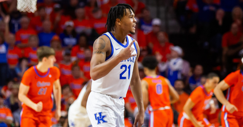 Kentucky Wildcats guard D.J. Wagner (21) celebrates a three pointer