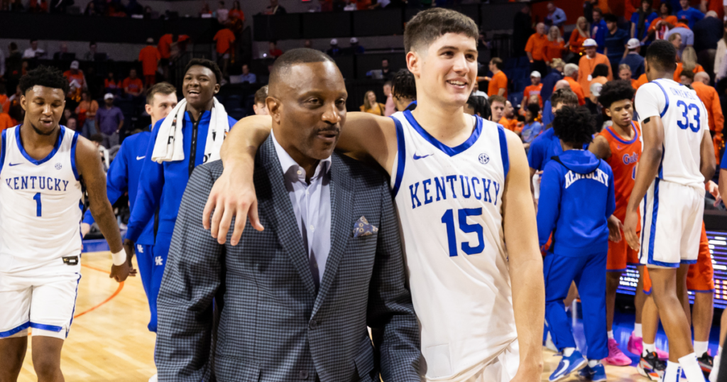 Kentucky guard Reed Sheppard celebrates a Kentucky win over Florida with Bruiser Flint