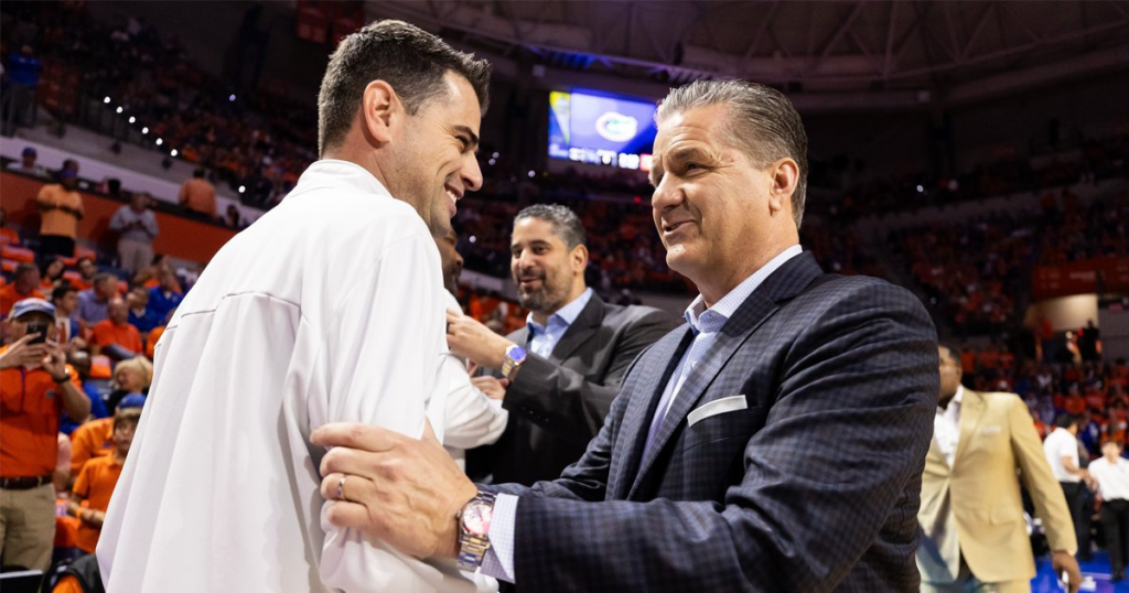 Coach Calipari and Coach Golden shake hands after Kentucky's win at Florida.