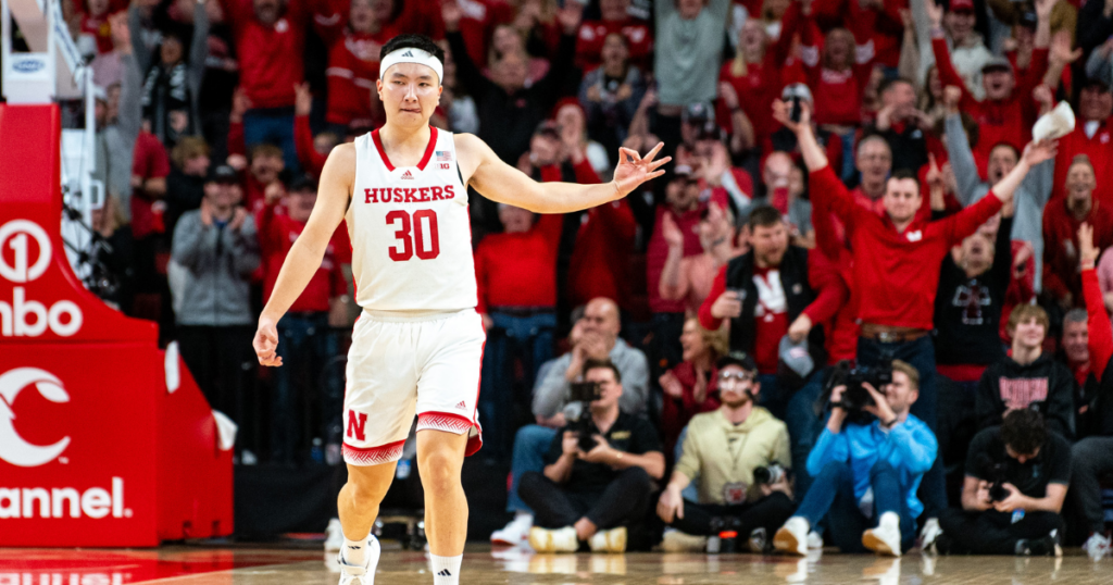 Nebraska Cornhuskers guard Keisei Tominaga (30) celebrates after a 3-pointer against the Purdue Boilermakers