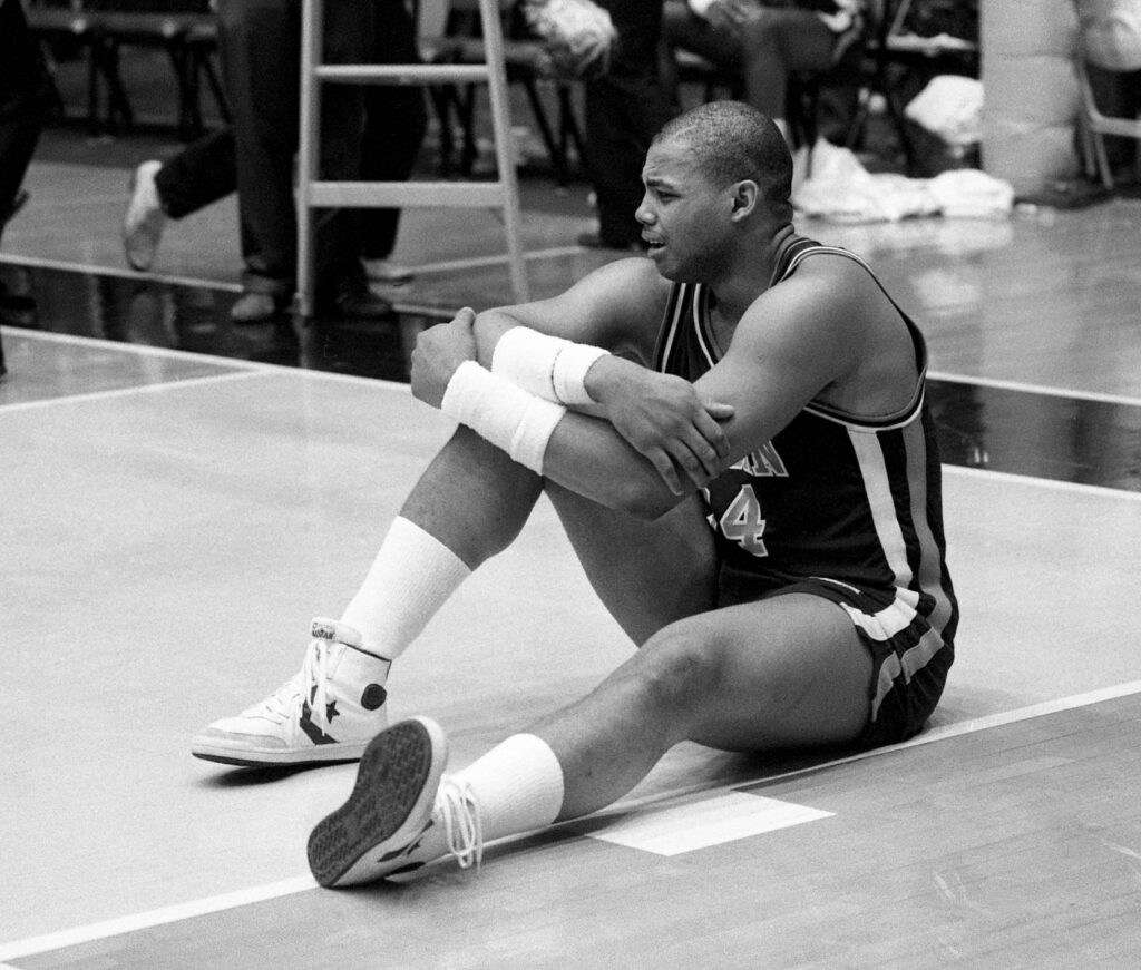 Auburn junior Charles Barkley is crying with bitter disappointment after Kentucky hits a last second shot for a 51-49 win in the championship game of the SEC tournament at Memorial Gym in Nashville March 10, 1984. 84 Sec Hoop 07