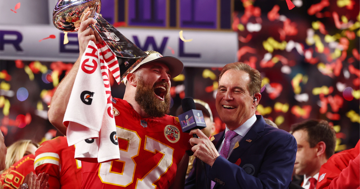 Travis Kelce shares emotion on stage after Super Bowl LVIII win