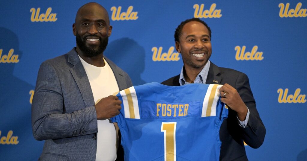 New UCLA head coach DeShaun Foster is introduced by Bruins' athletic director Martin Jarmond