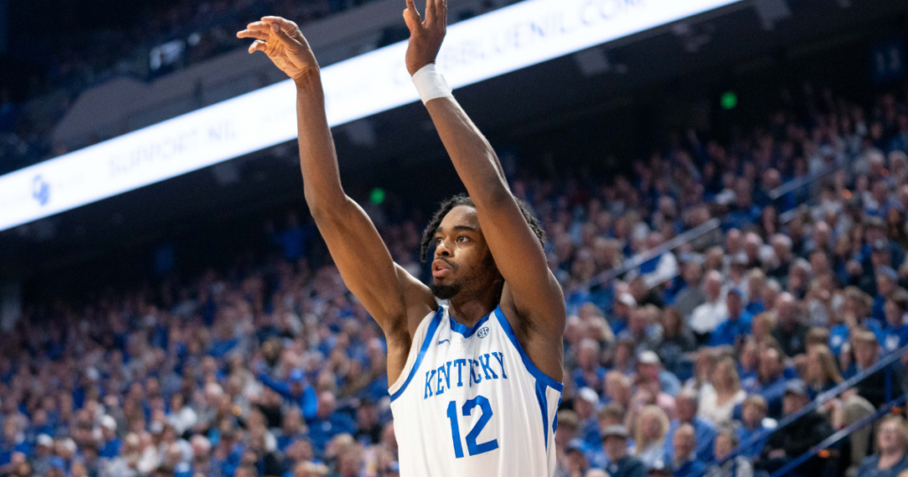 Kentucky Wildcats guard Antonio Reeves (12) goes for a three pointer during their game against the Arkansas Razorbacks on Saturday, March 2, 2024 at Rupp Arena.