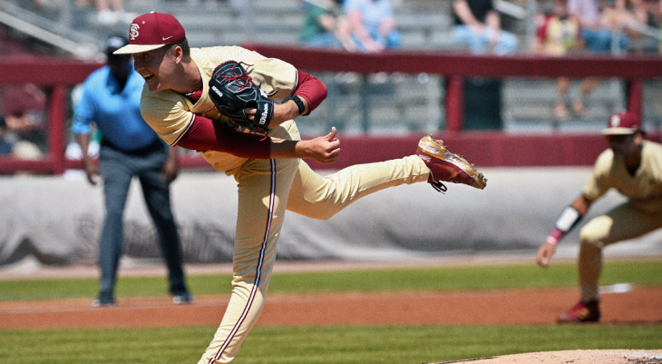 Florida State's Conner Whittaker delivers a pitch Sunday against Notre Dame. (Courtesy of Florida State Athletics)