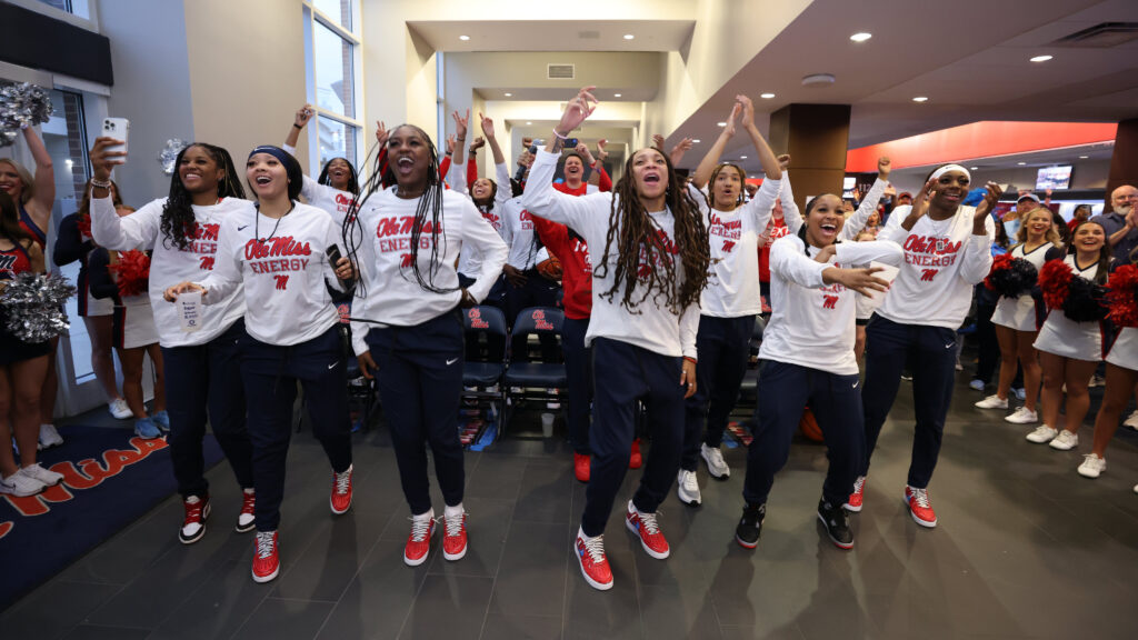 Ole Miss women's basketball team reacts to is placement in the NCAA Tournament (Photo by Ole Miss athletics)