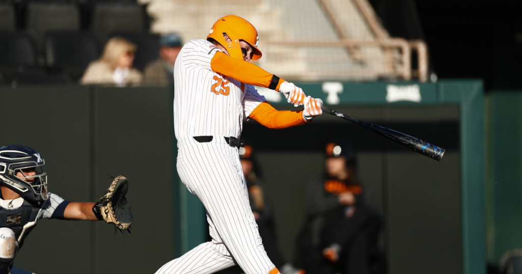 Blake Burke connects on a first inning two-run home run against Xavier on March 19. Credit: UT Athletics