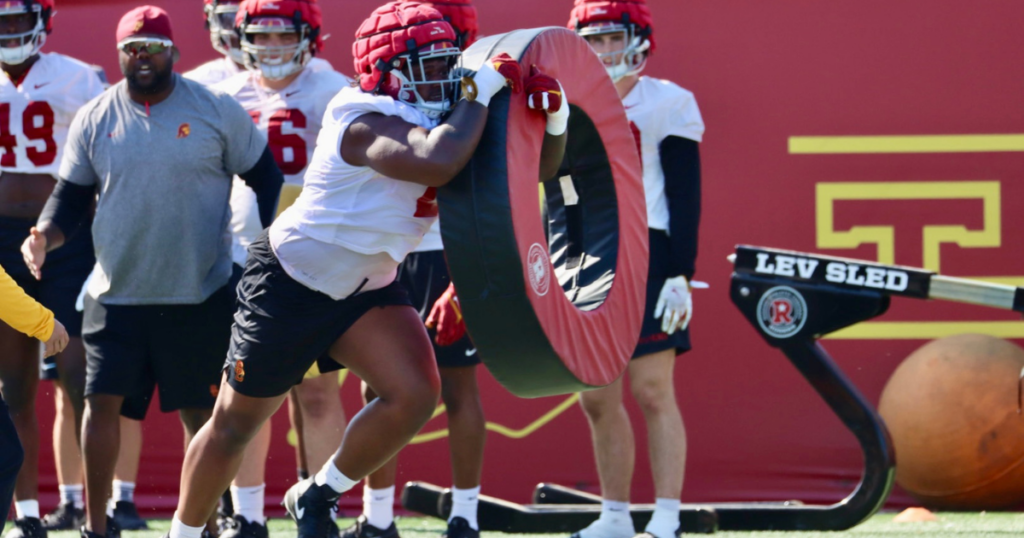 USC defensive lineman Isaiah Raikes takes his turn during a drill at Trojans' practice