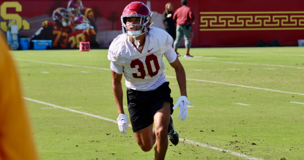 USC safety Marquis Gallegos watches the ball during a practice drill