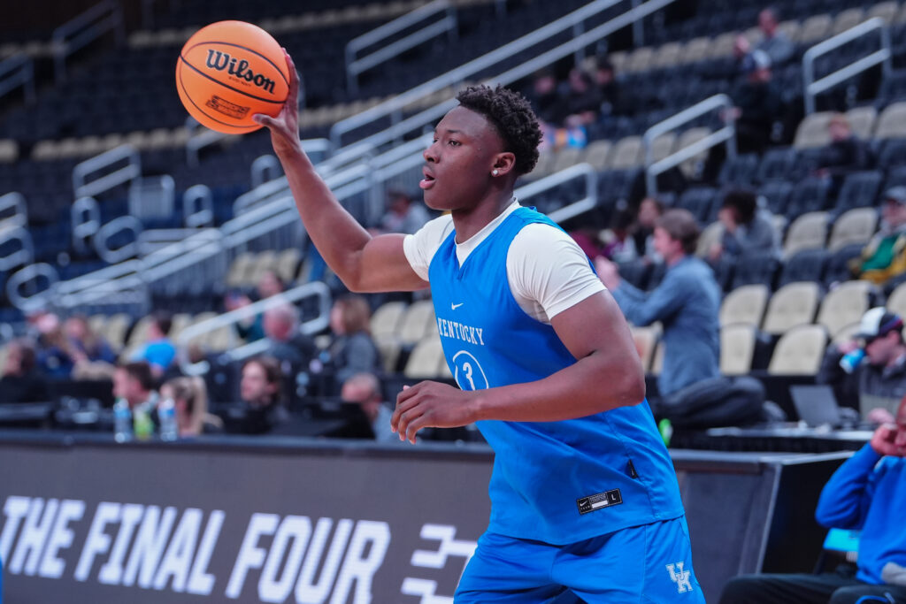 Kentucky Wildcats guard Adou Thiero (3) receives the ball during the NCAA first round practice session at PPG Paints Arena - Gregory Fisher-USA TODAY Sports