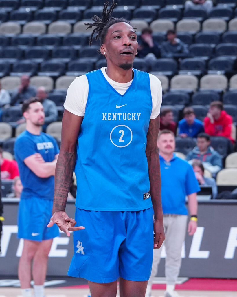 Kentucky Wildcats forward Aaron Bradshaw (2) reacts to making a three point shot during the NCAA first round practice session at PPG Paints Arena - Gregory Fisher-USA TODAY Sports