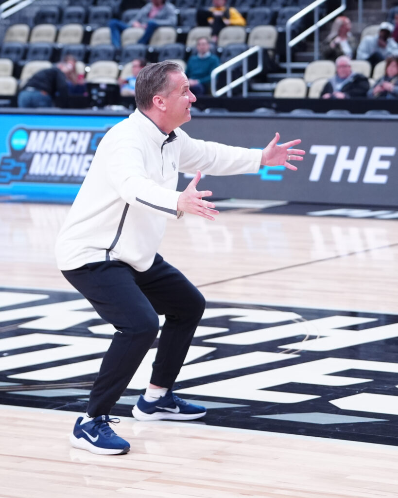 Kentucky Wildcats head coach John Calipari reacts on the court during the NCAA first round practice session at PPG Paints Arena - Gregory Fisher-USA TODAY Sports