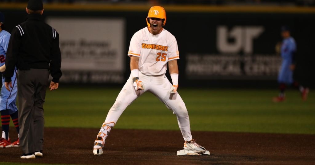 Blake Burke celebrates after hitting another double for Tennessee baseball. Credit: UT Athletics