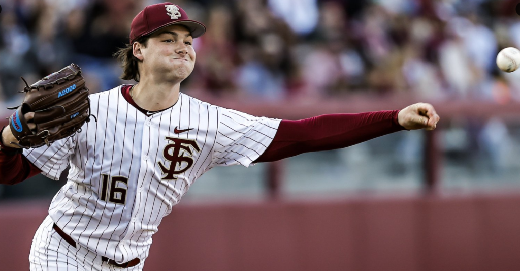 Florida State sophomore pitcher Jamie Arnold delivers a pitch Friday against Louisville. (Courtesy of FSU Sports Information)