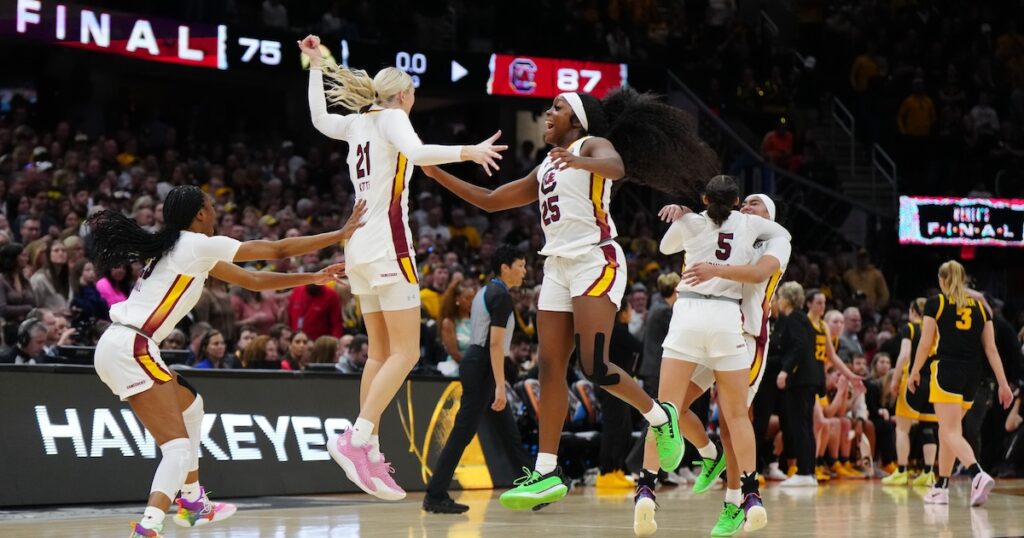 South Carolina women's basketball guard Raven Johnson and forward Chloe Kitts celebrating winning the National Championship. Photo Credit: Kirby Lee-USA TODAY Sports