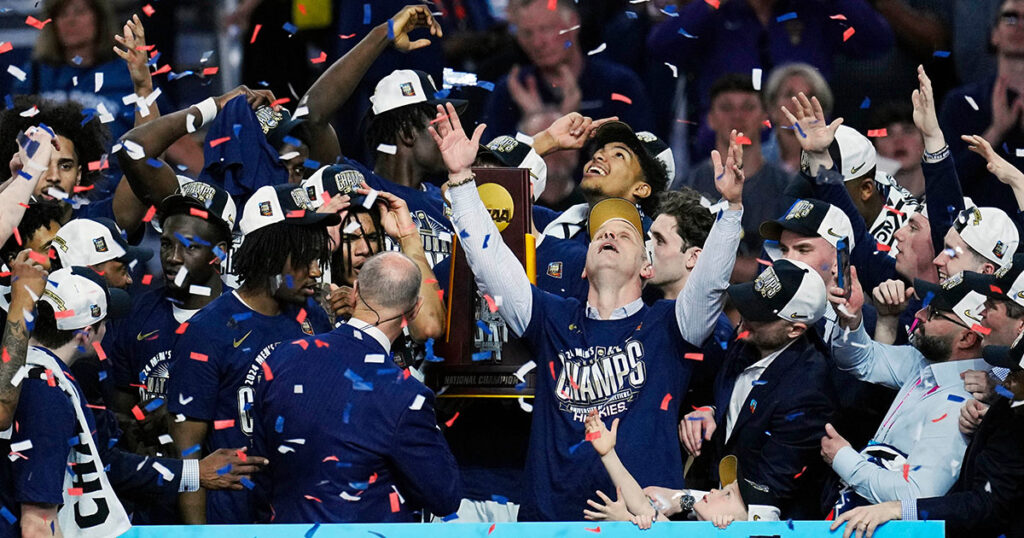 UConn celebrates the 2024 national championship win over Purdue