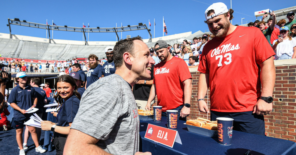 Joey Chestnut participated at a hot dog eating contest during the Ole Miss spring game