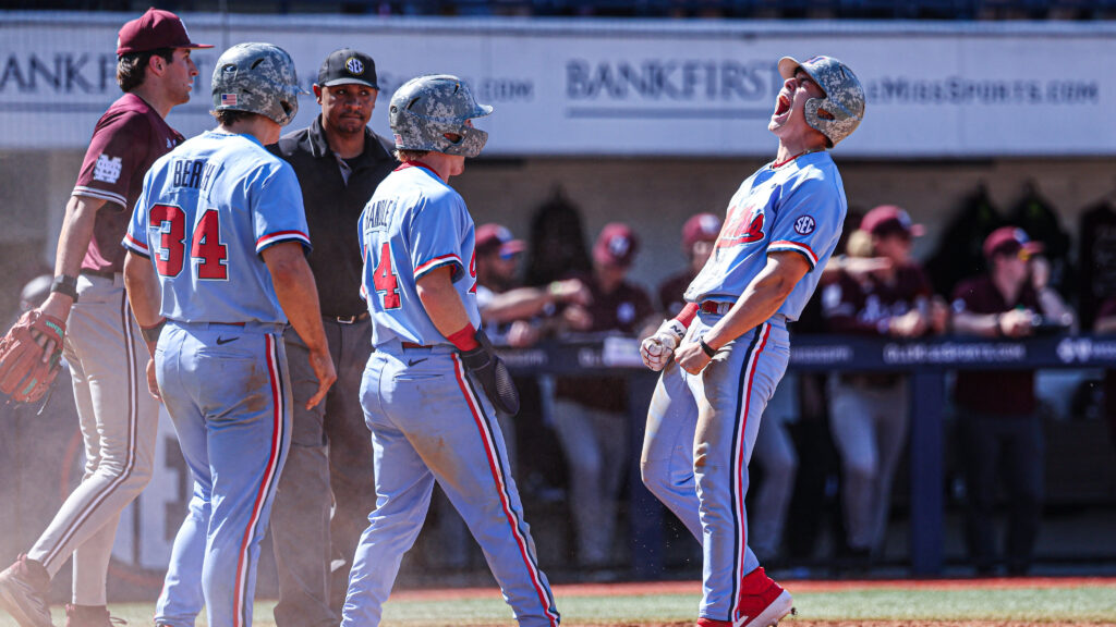 Ole Miss baseball players celebrate. Credit: Ole Miss athletics