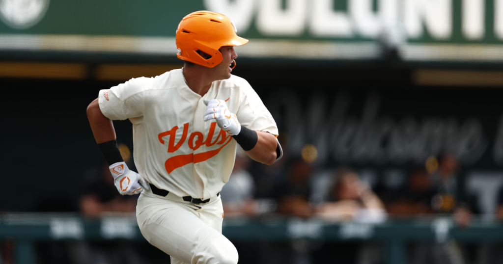 Dean Curley hurries to first base in a game against Missouri. Credit: UT Athletics